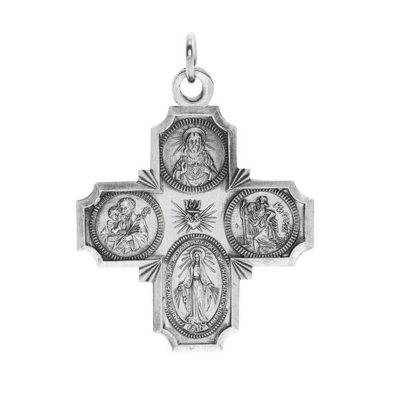 14k White Gold Four-Way Cross Medal Pendant 29 x 30mm